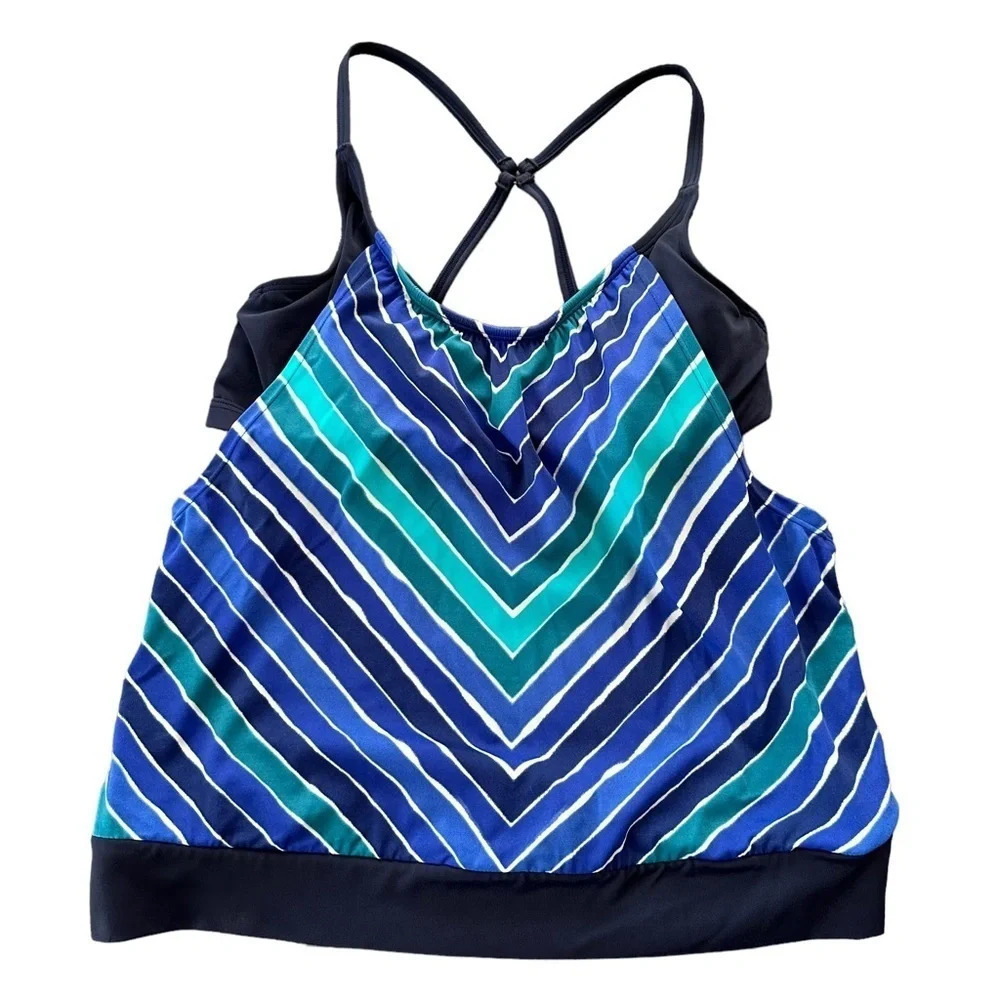 Athleta Womens 34 B/C‎ Striped Tankini Swimsuit Top Underwire Bra Top Swim Blue